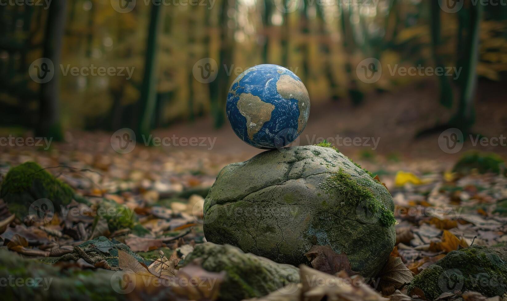 Earth globe perched on a mossy tree stump at the edge of a forest stream photo