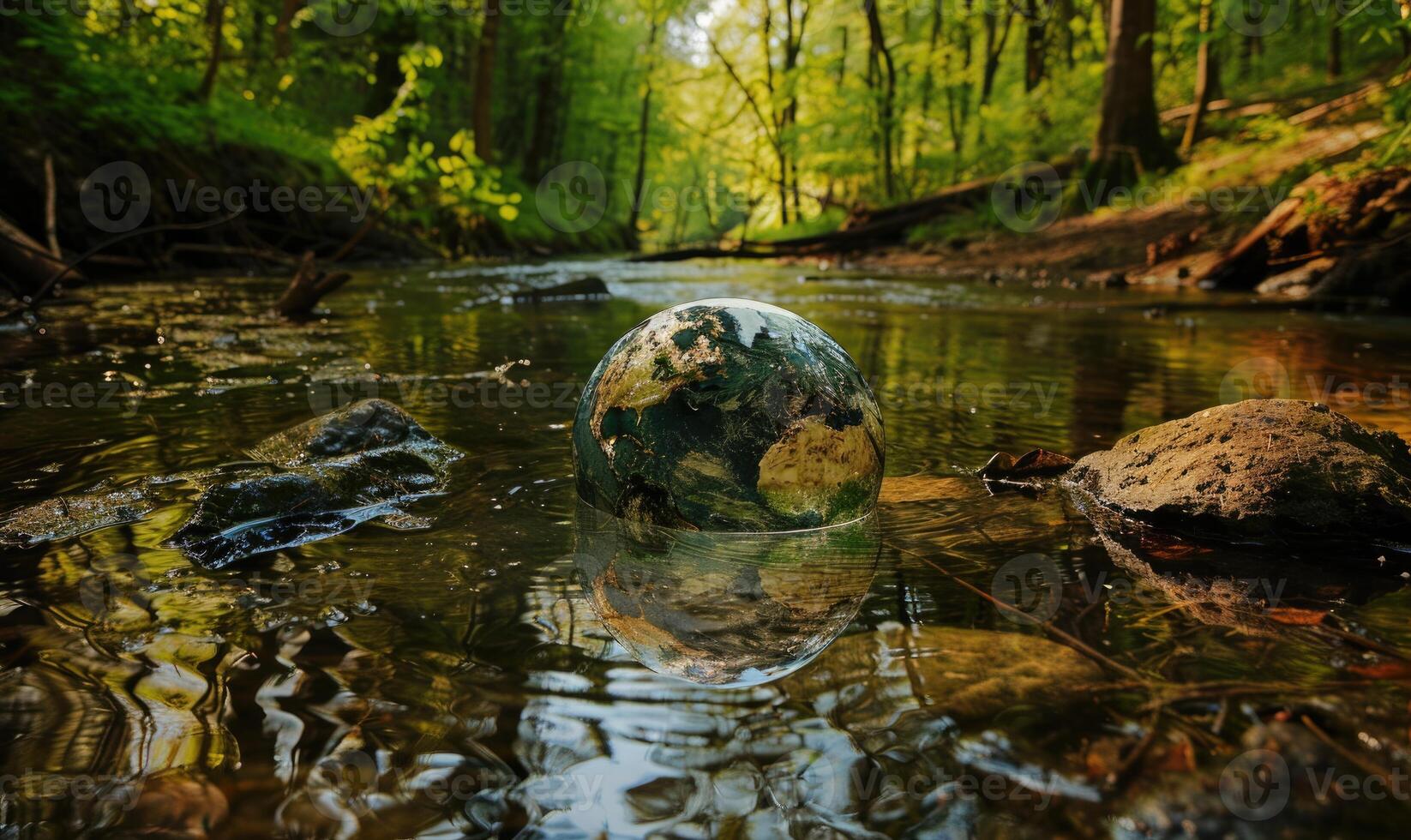 Earth globe partially immersed in the calm waters of a forest stream photo