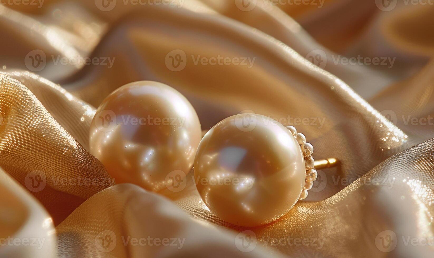 Pair of pearl drop earrings delicately arranged on a smooth satin material background photo