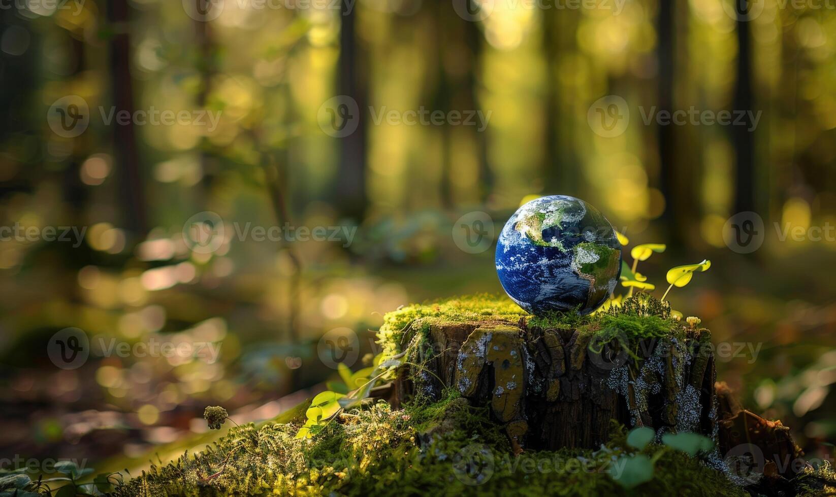 Earth globe perched on a mossy tree stump at the edge of a forest stream photo
