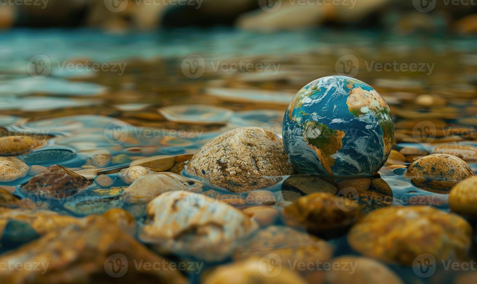 Earth globe resting on a bed of river pebbles at the bottom of a shallow stream photo