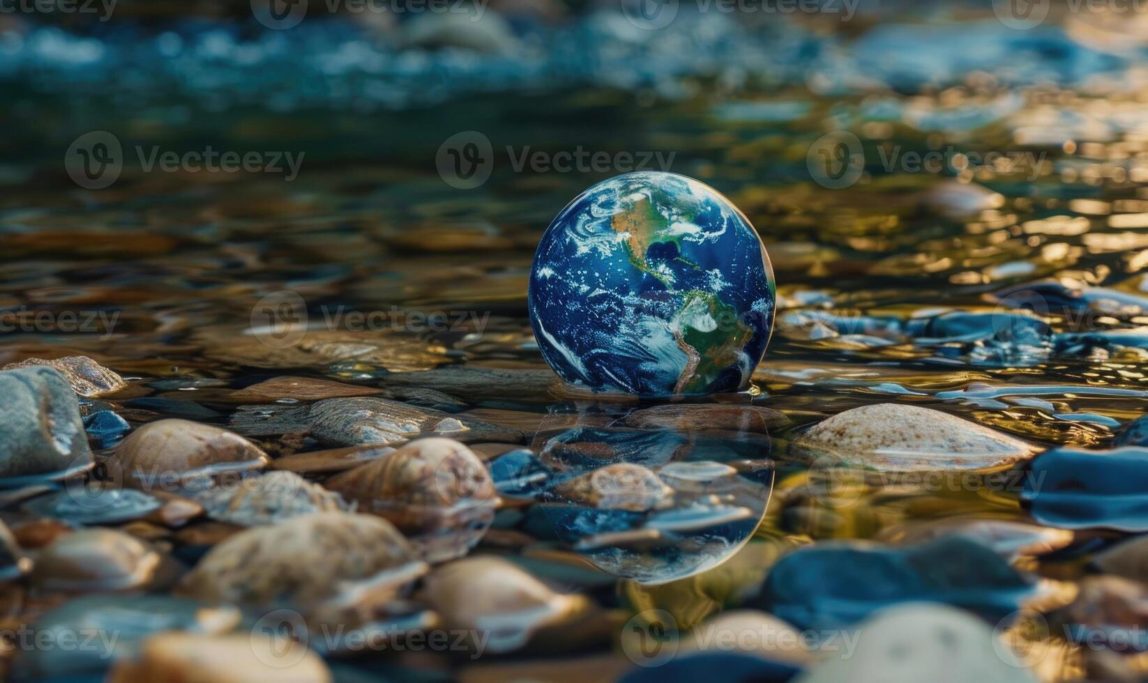 Earth globe resting on a bed of river pebbles at the bottom of a shallow stream photo
