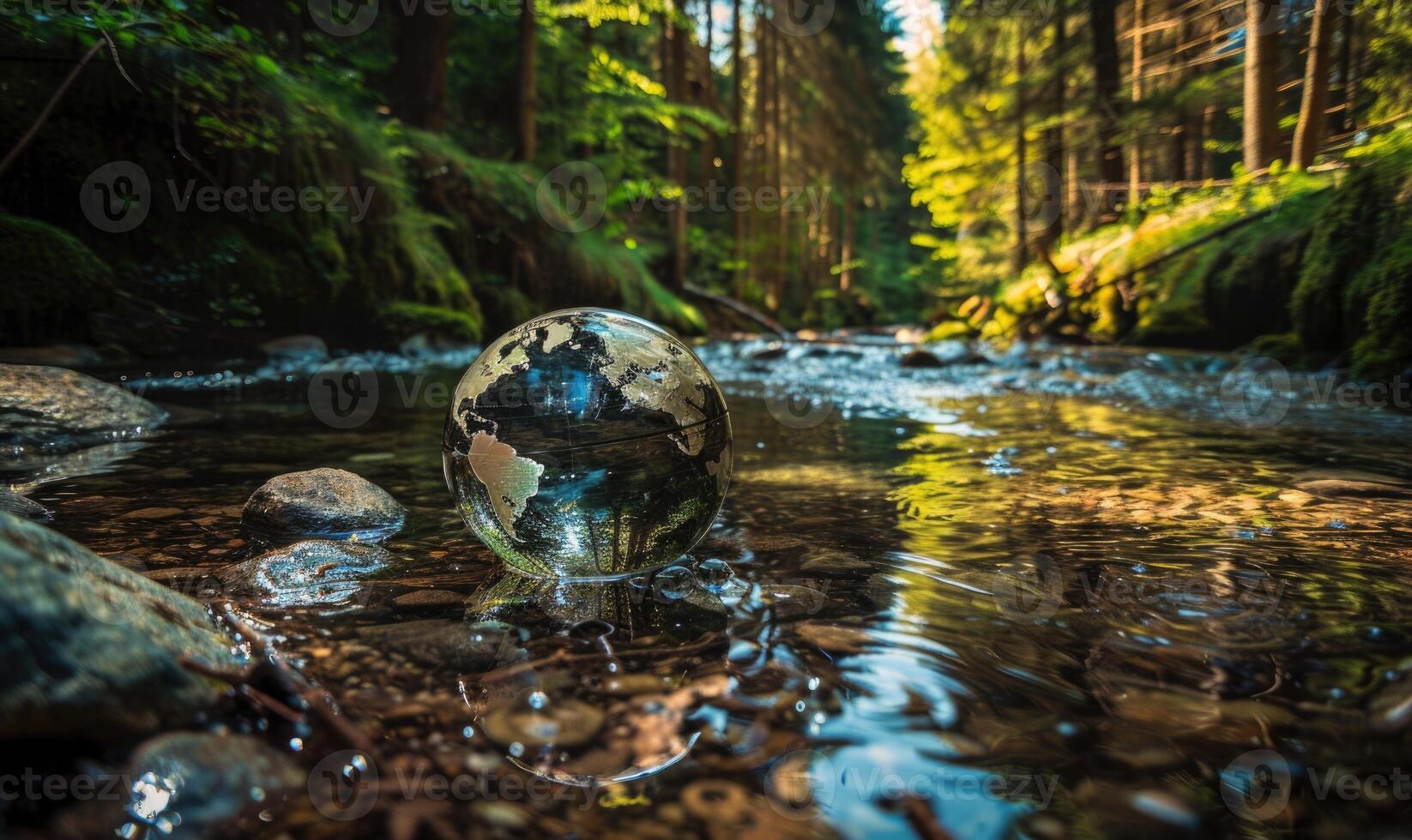 Earth globe partially immersed in the calm waters of a forest stream photo