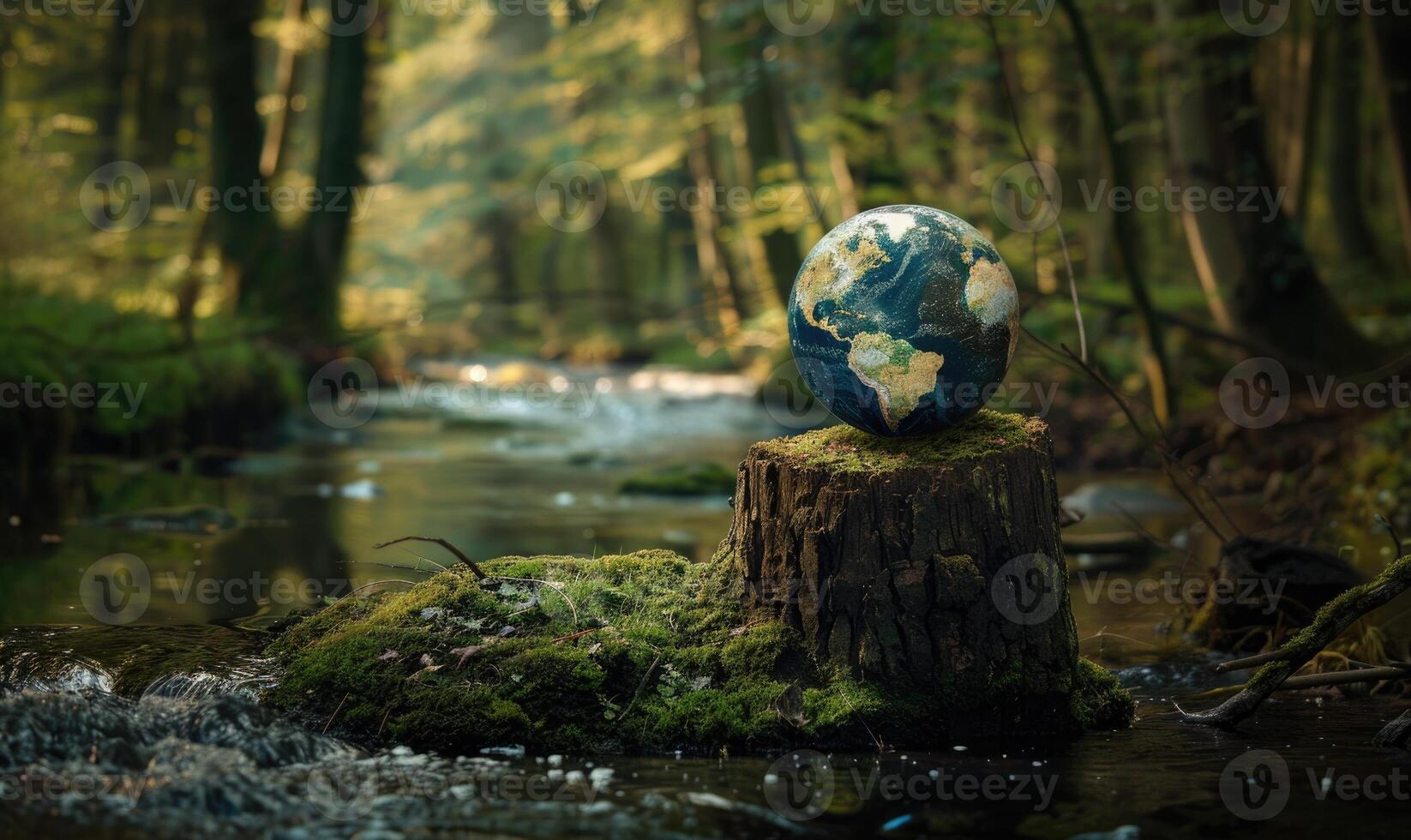 Earth globe perched on a mossy tree stump at the edge of a forest stream photo