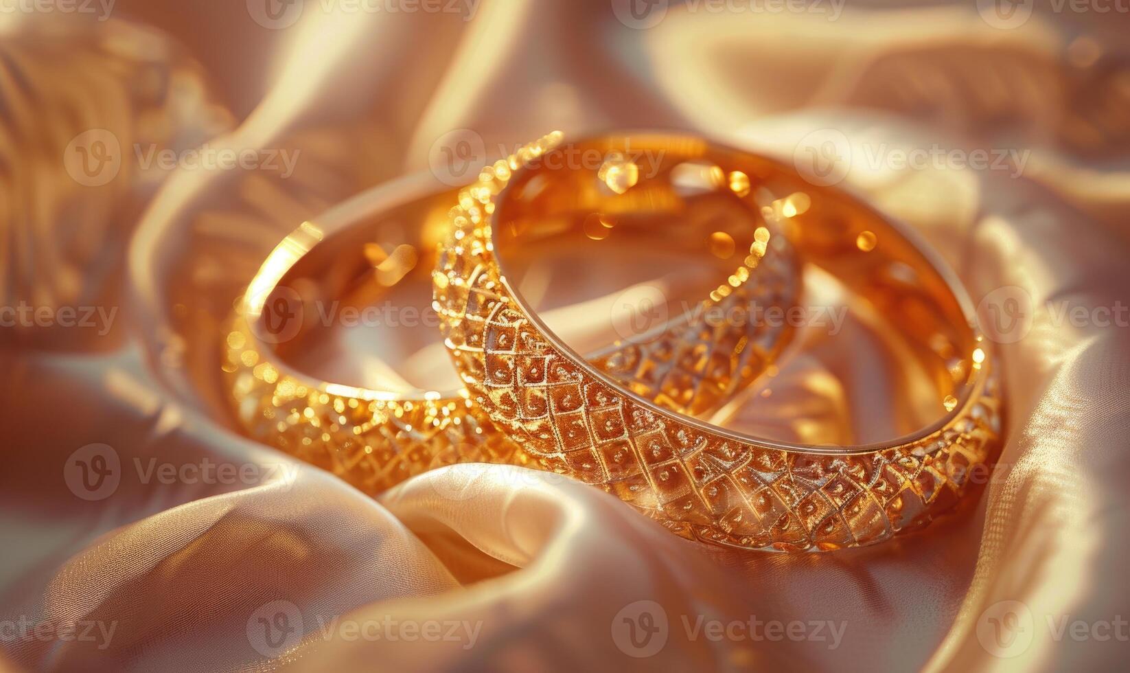 Pair of intricately designed gold bracelets arranged on a smooth satin material background photo