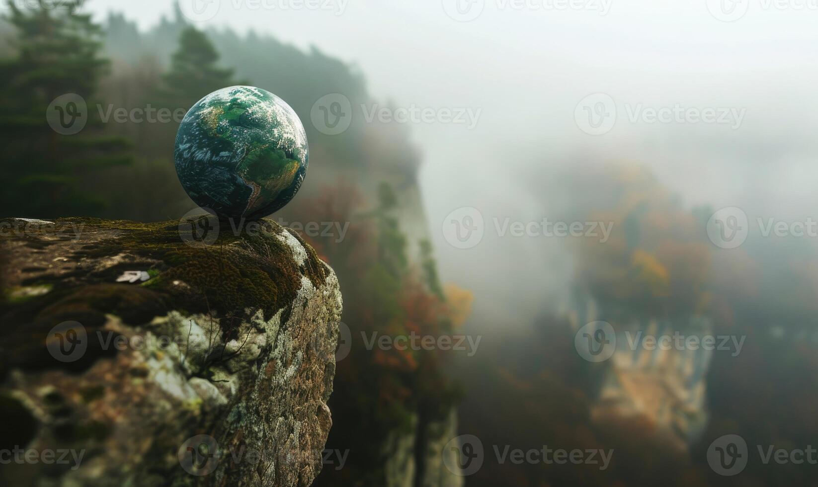 Earth globe balanced on a rock ledge overlooking a misty forest gorge photo