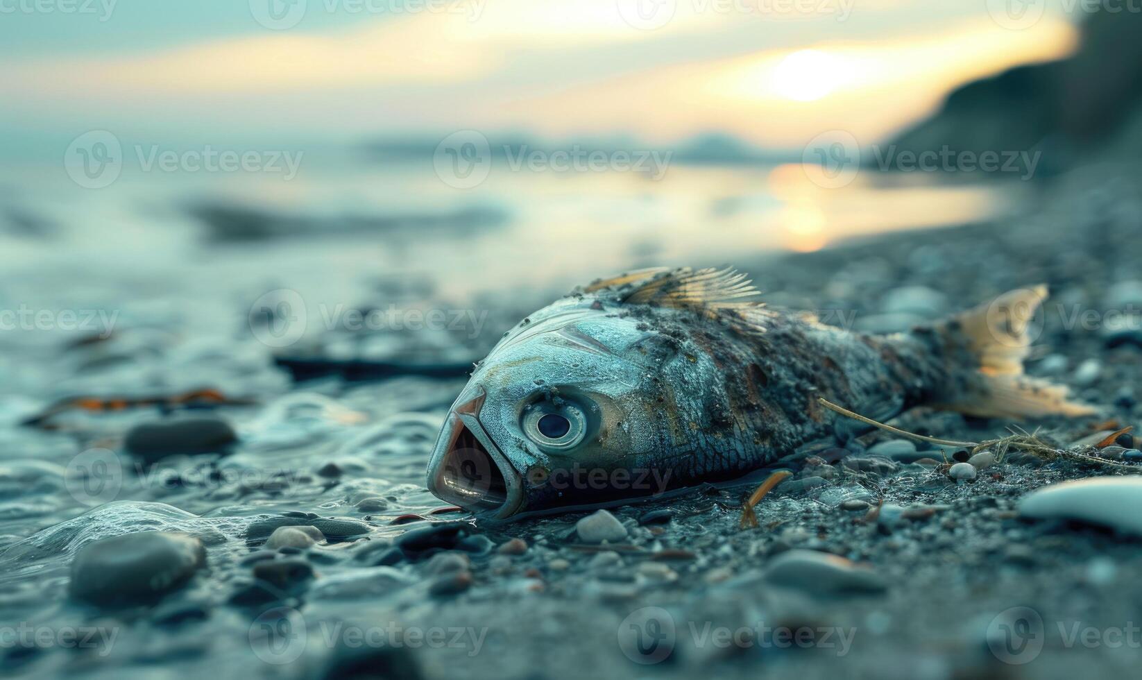 Dead fish washed ashore on a polluted beach, environment and ecological problems photo