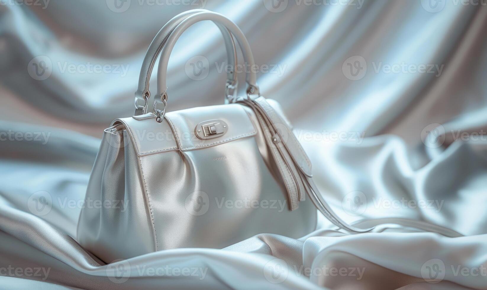 A designer handbag placed on a satin material background photo