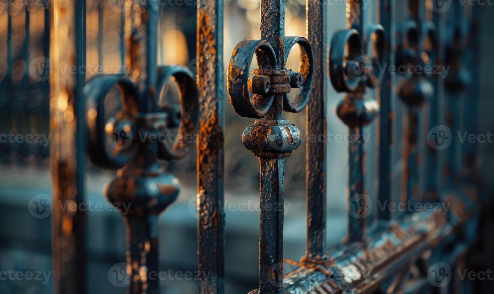 A rusted wrought iron gates in hues of deep charcoal and slate gray photo