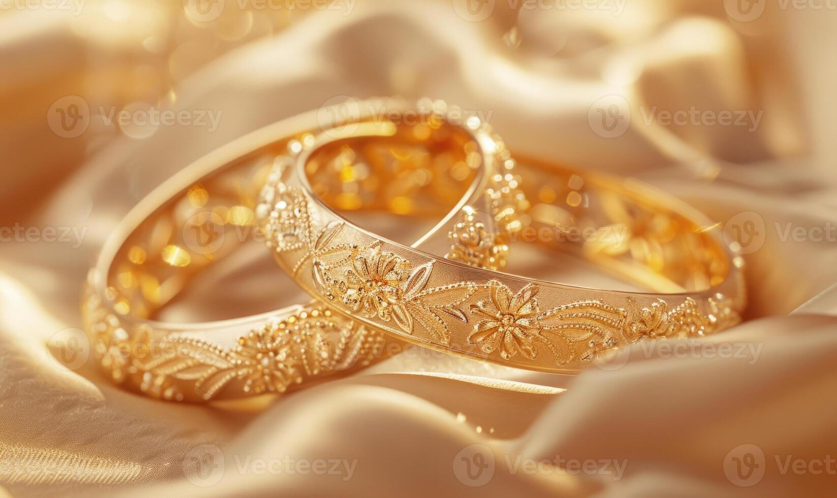 Pair of intricately designed gold bracelets arranged on a smooth satin material background photo