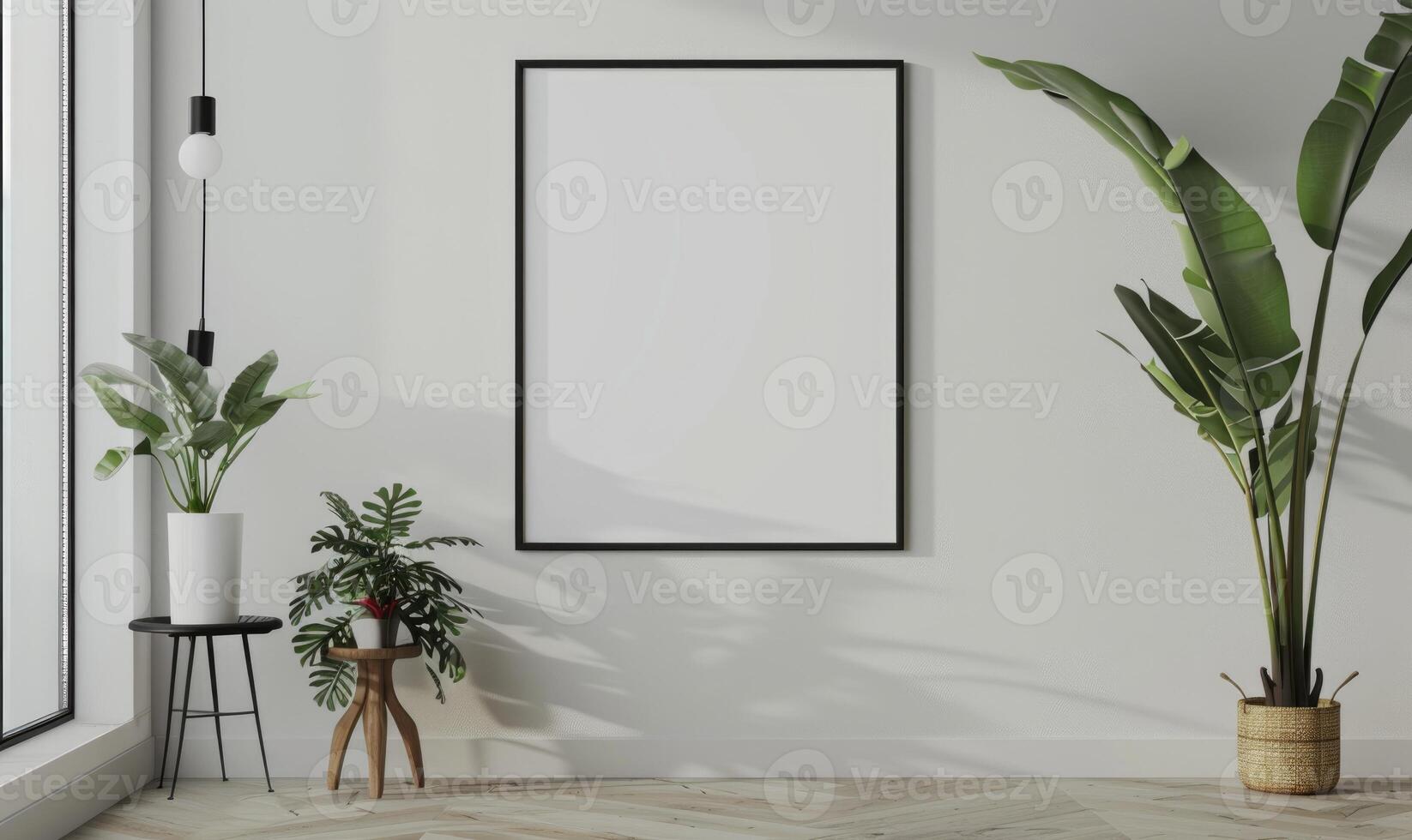 A blank image frame mockup on a white wall in a minimalistic modern interior room photo