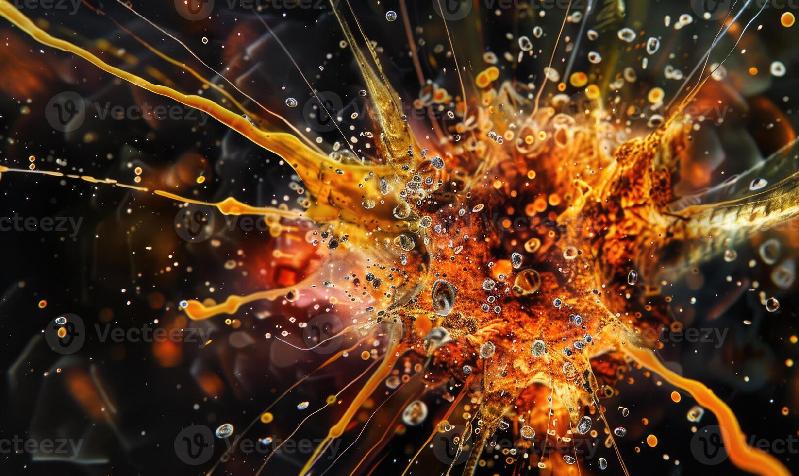Macro photograph capturing the intricate details of flames and sparks in an explosion against a black backdrop photo
