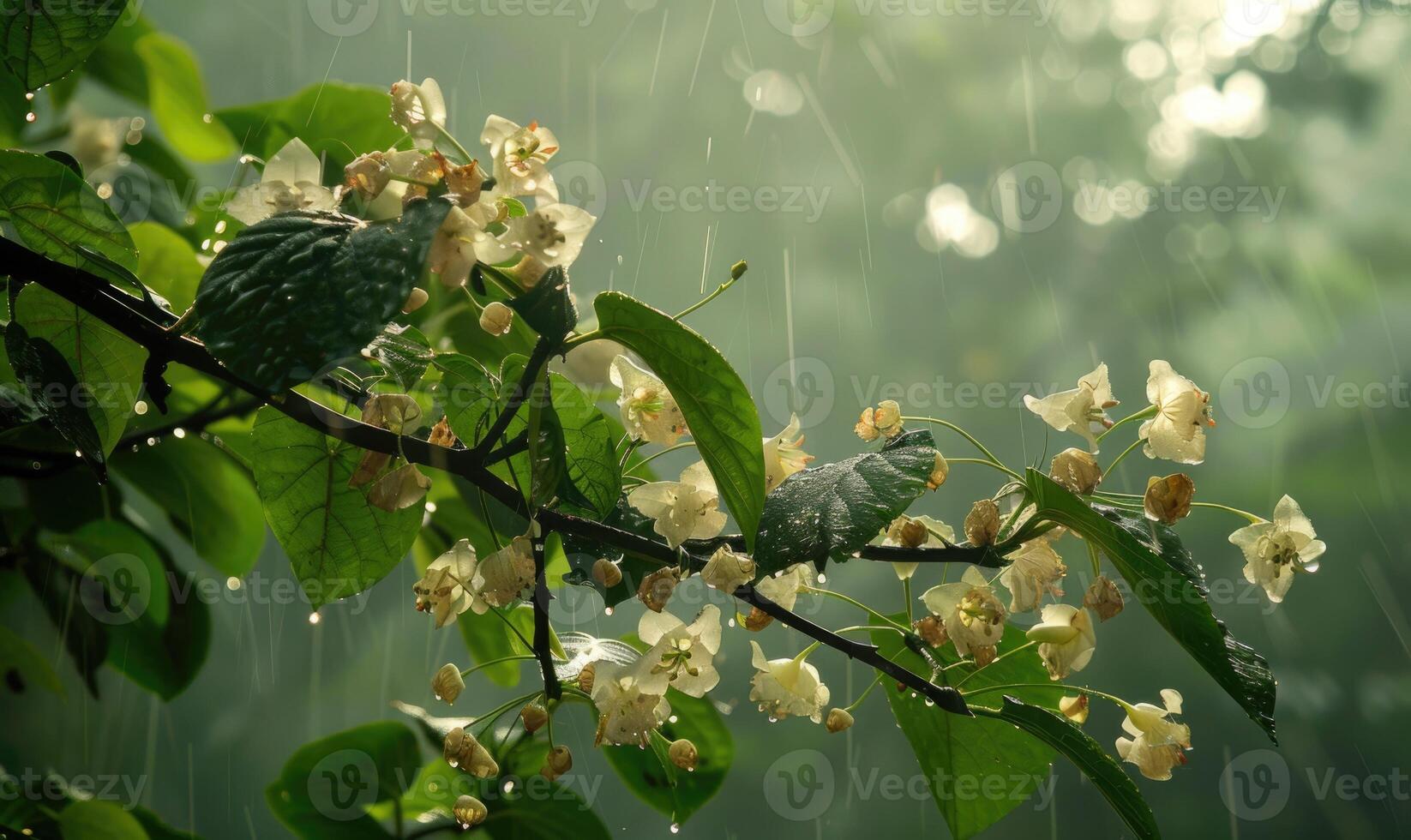 Catalpa trees under the rain, closeup view of blossoming tree branch photo