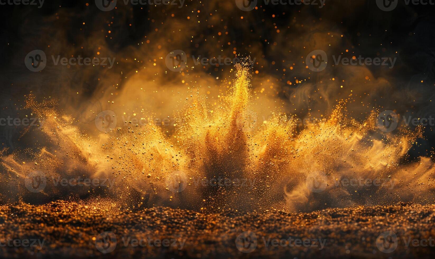 Sand explosion, golden grains dispersing on black background photo