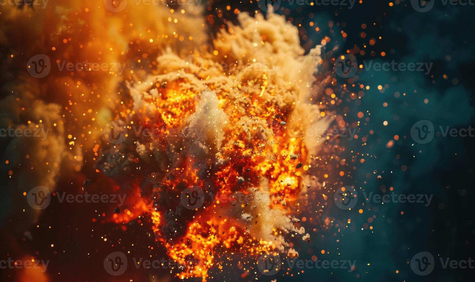Macro shot of a controlled explosion, capturing the intricate details of flames and sparks against a black backdrop photo