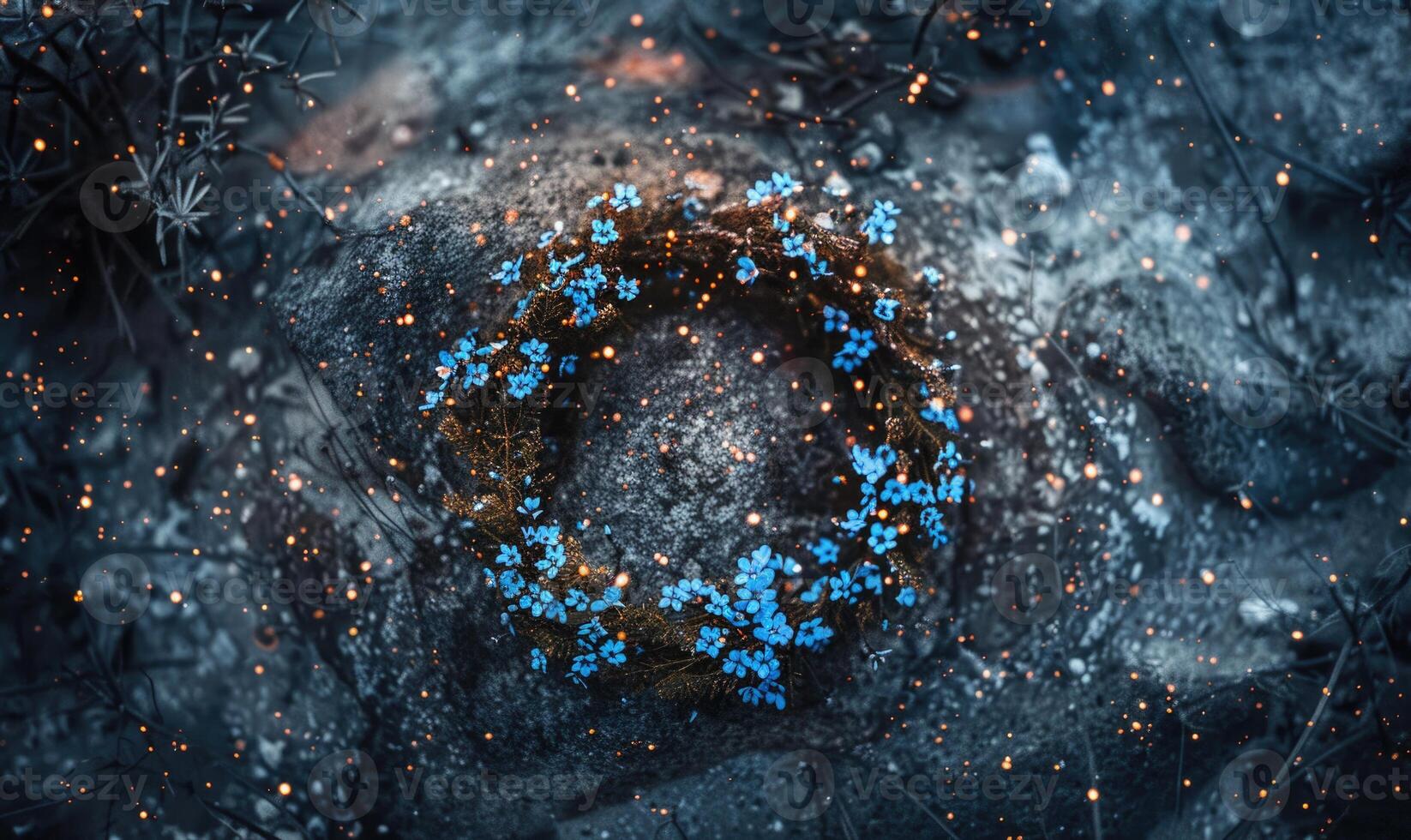 Soft blue forget-me-not wreath in the snow on gray background photo