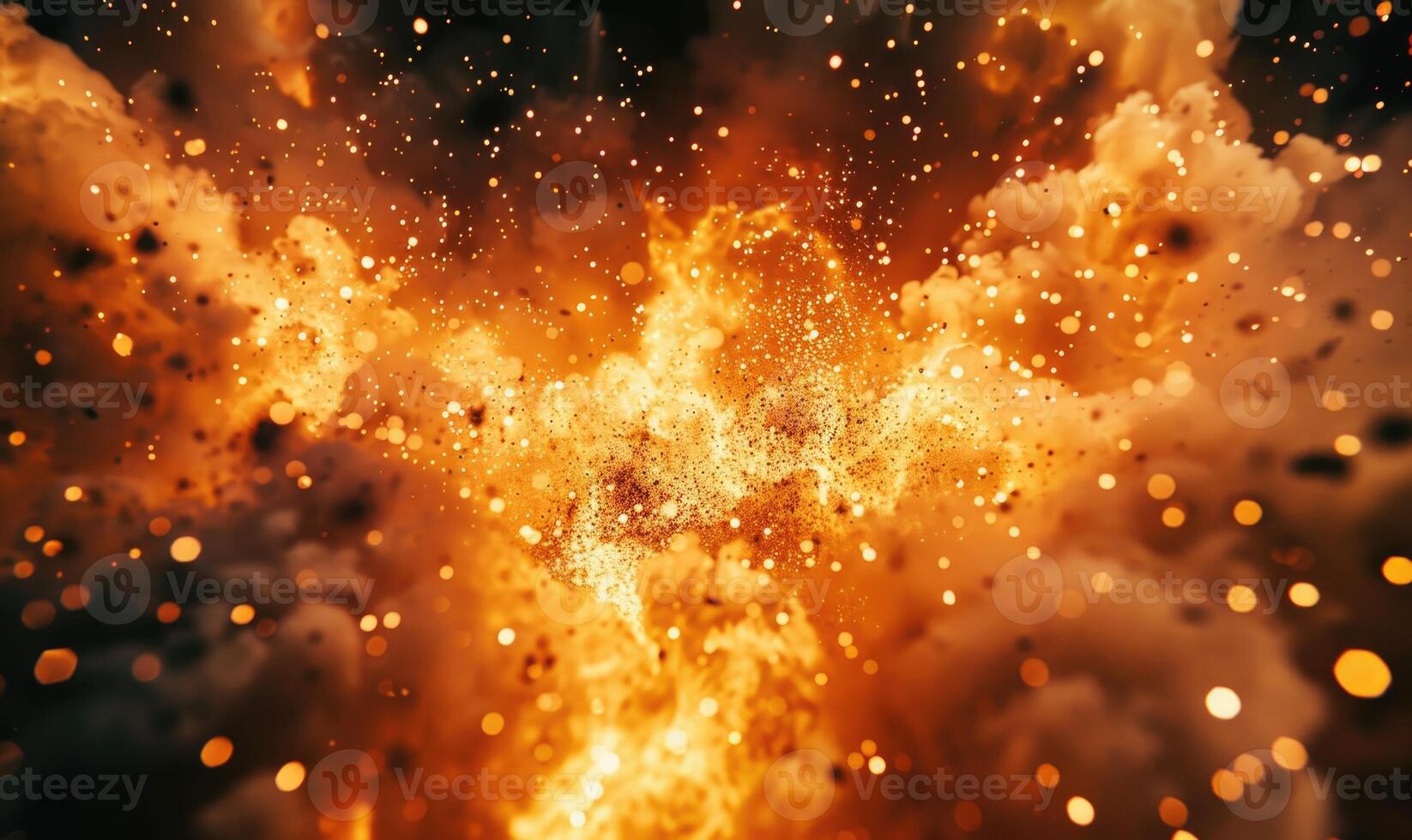 Extreme close-up of a controlled explosion, showcasing the intricate details of flames and sparks against a dark backdrop photo