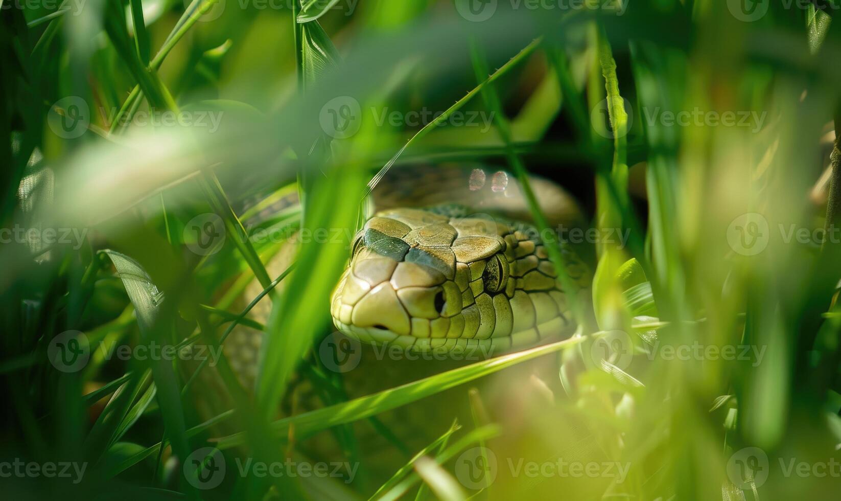 Snake partially visible in thick grass photo