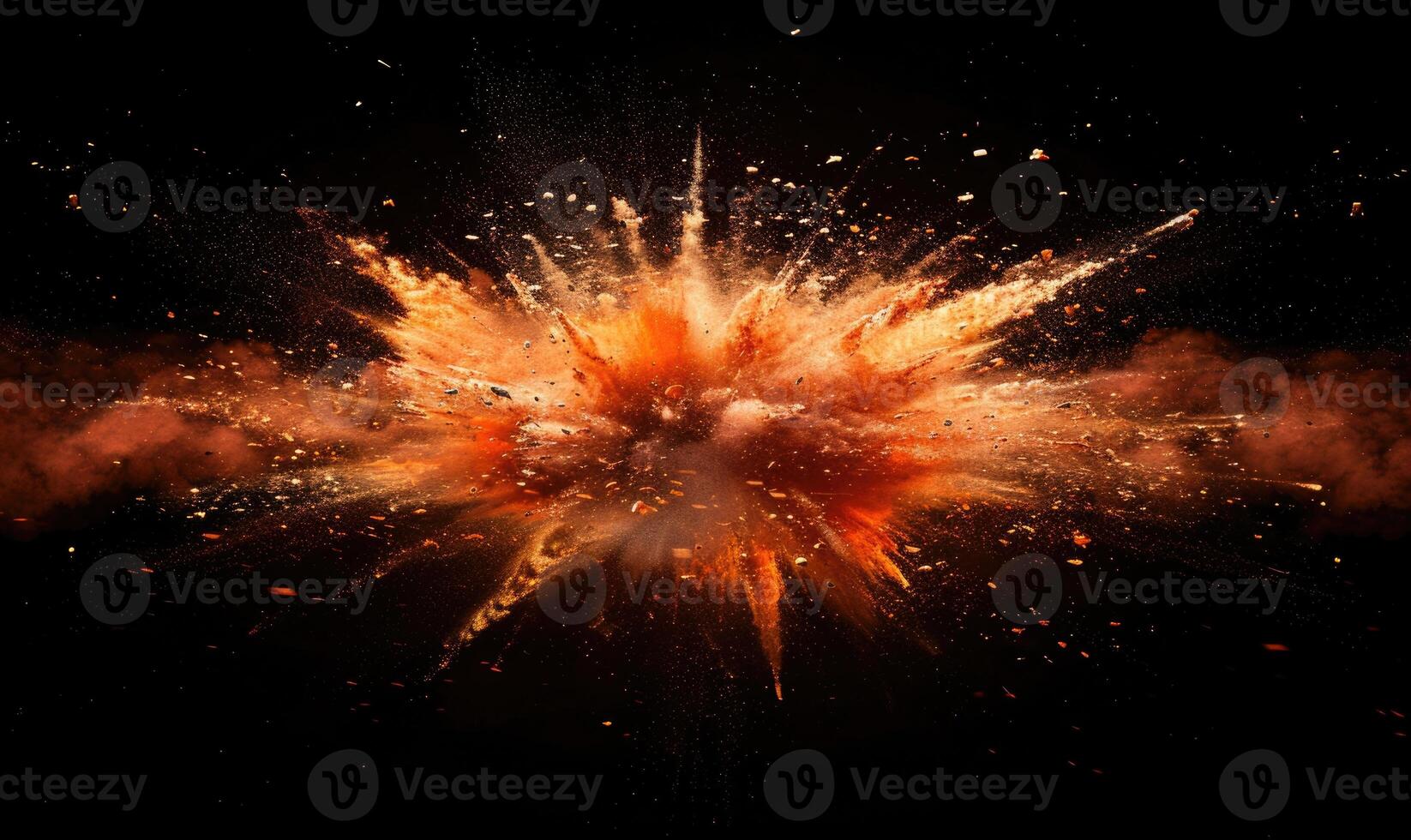 Macro shot of a controlled explosion, capturing the intricate details of flames and sparks against a black backdrop photo
