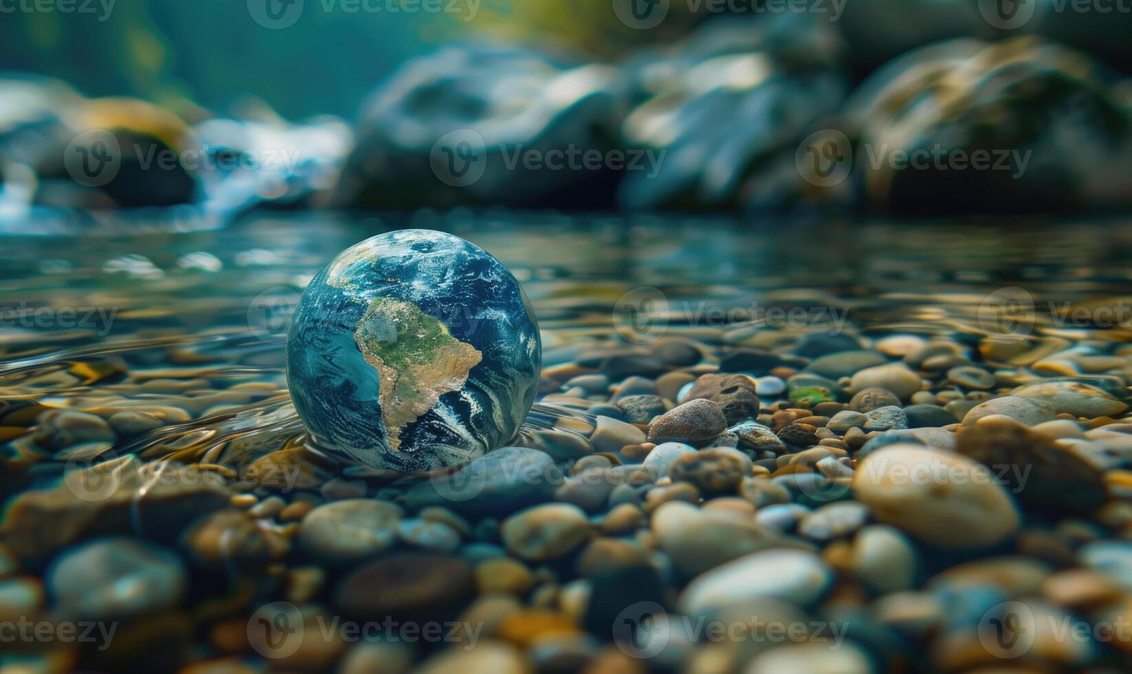 Earth globe settled gracefully among river pebbles at the bottom of a shallow stream photo