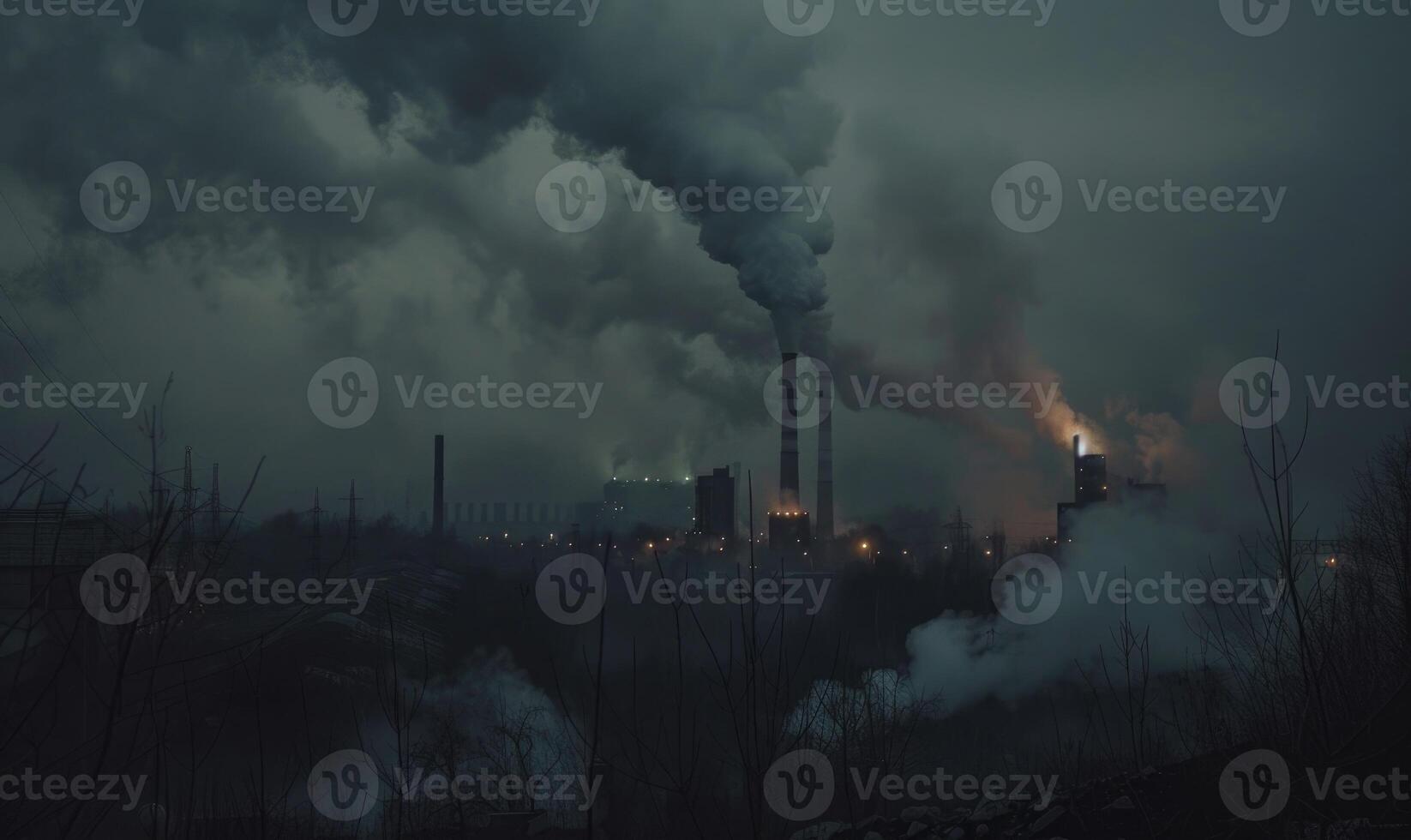 Industrial area with smoke billowing from chimneys photo