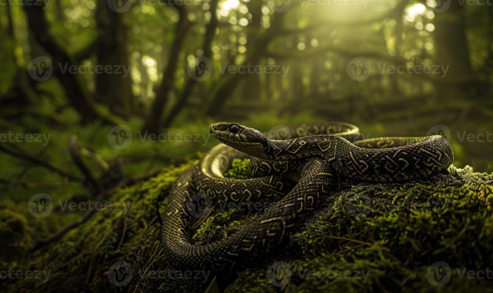 Snake near the old tree in enchanted forest photo