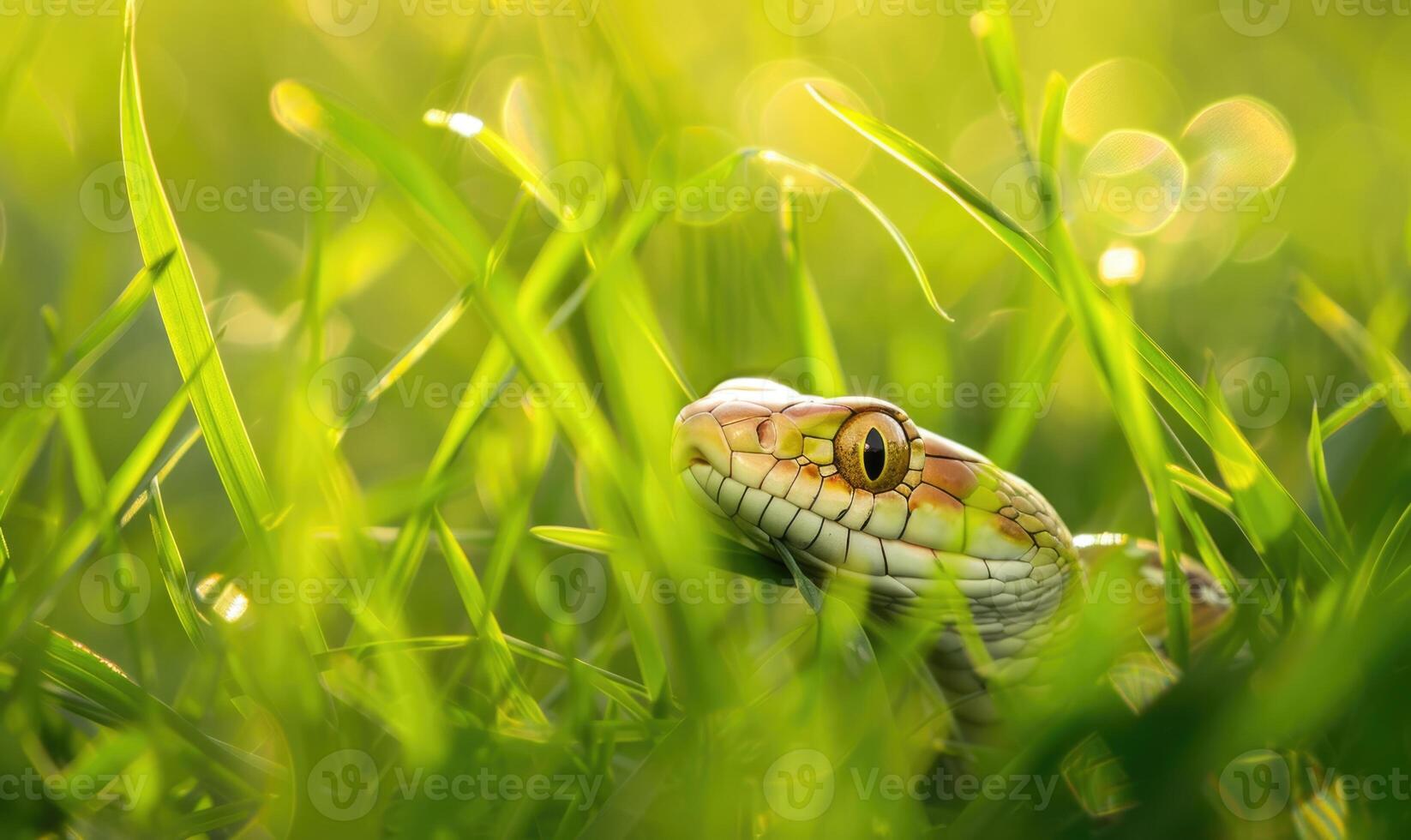 Snake in sunlit grass closeup view photo