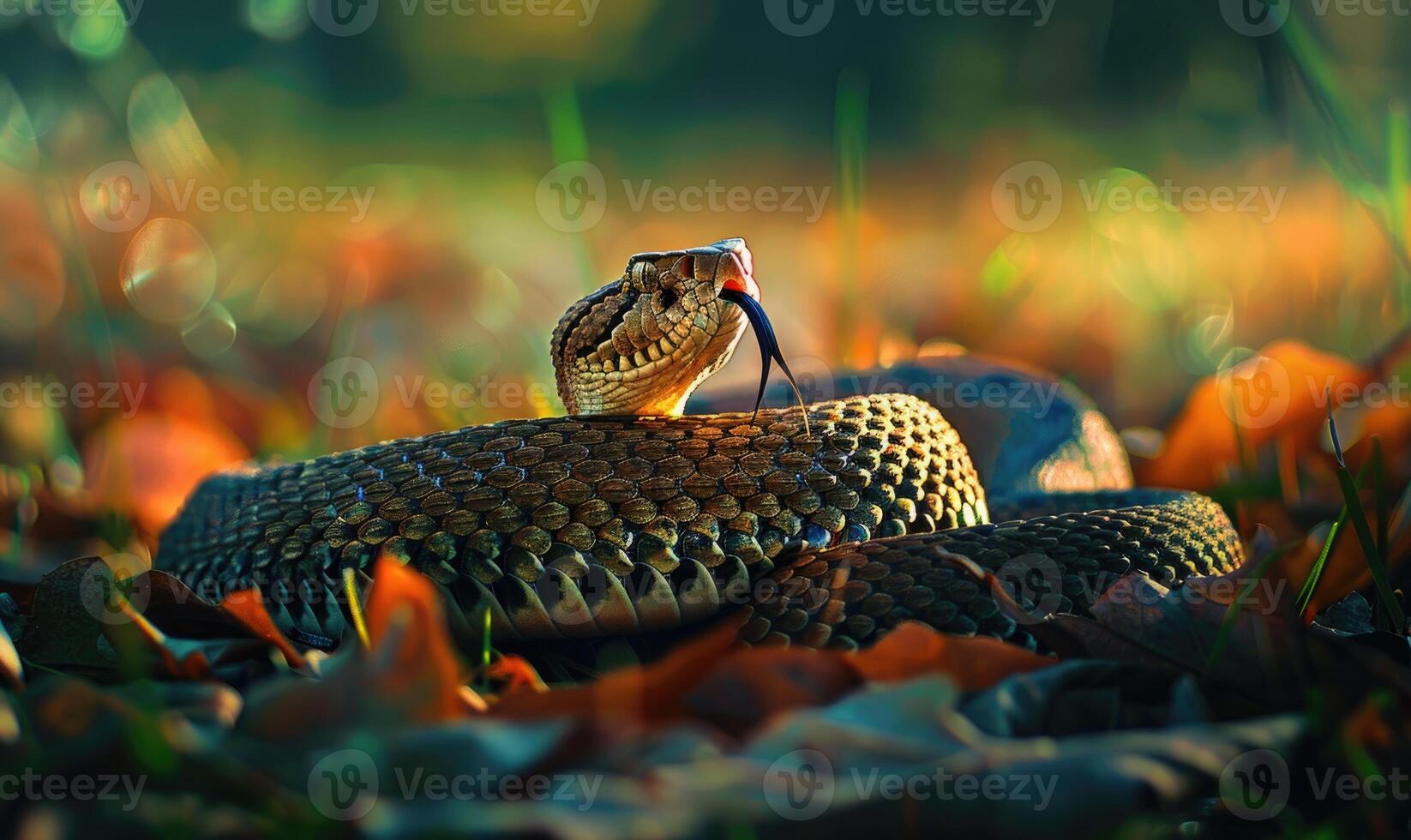 Rattlesnake on grass leaves photo