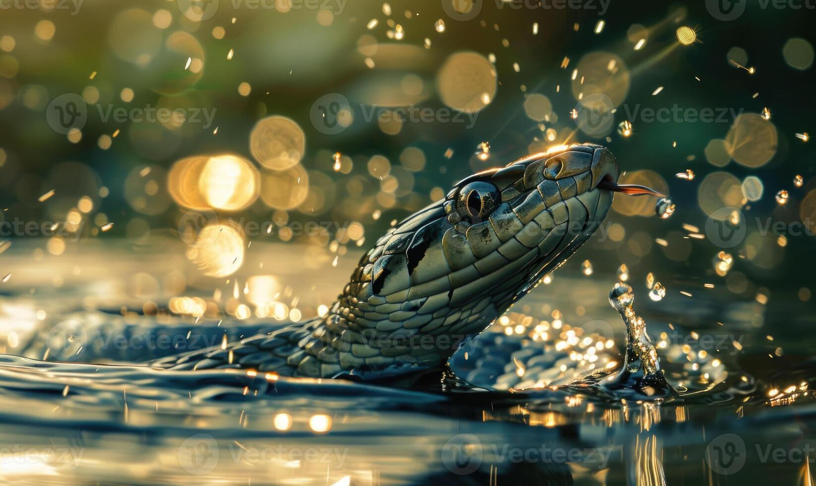 Snake diving into water, closeup view of snake in water with water splashes photo