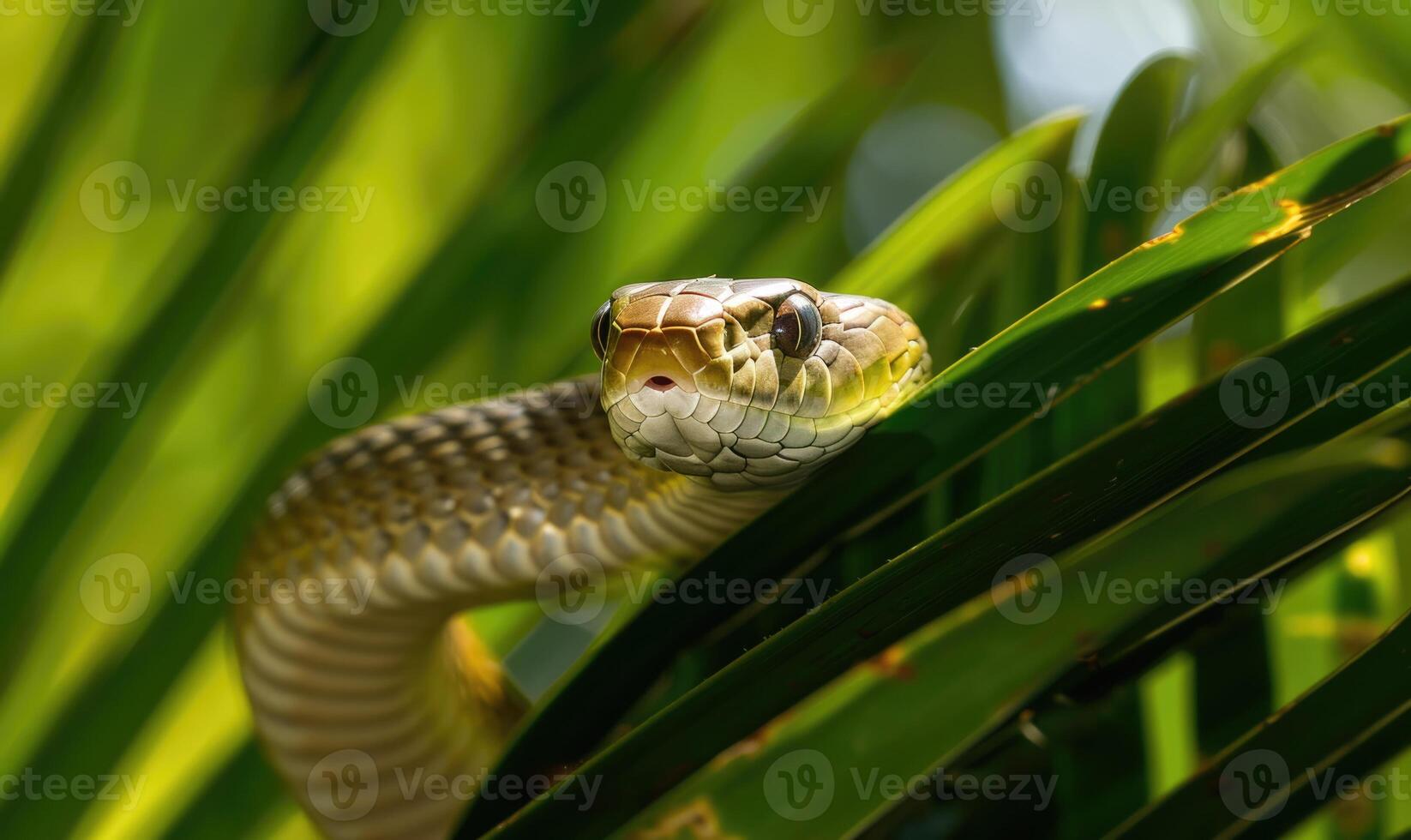 Rat snake on palm leaves photo