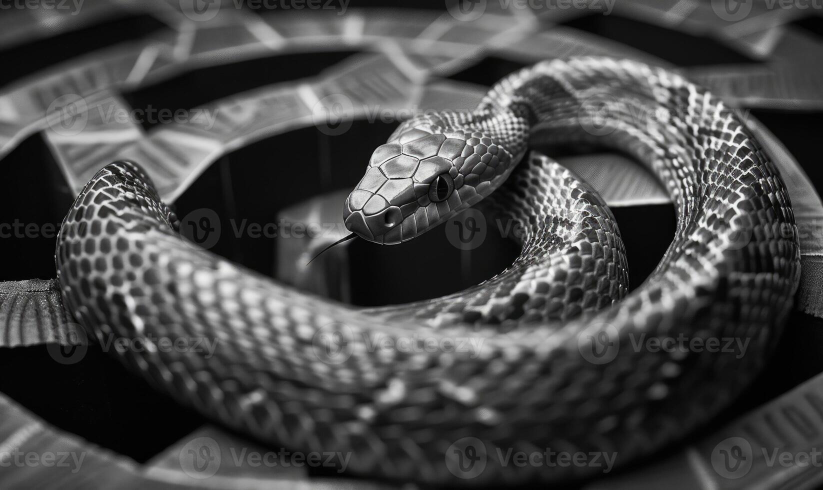 Snake in a geometric maze, monochrome portrait of the snake photo