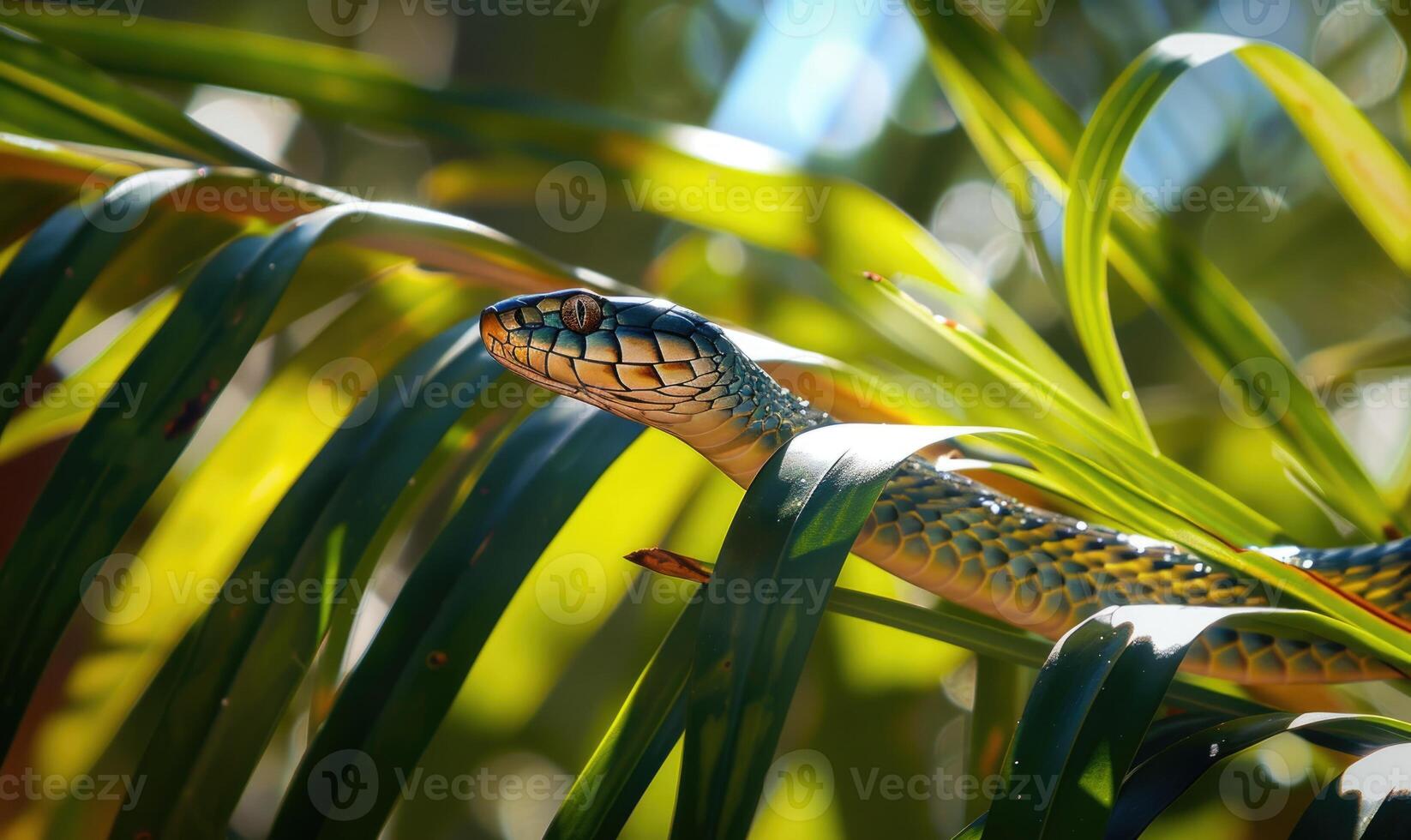 Rat snake on palm leaves photo