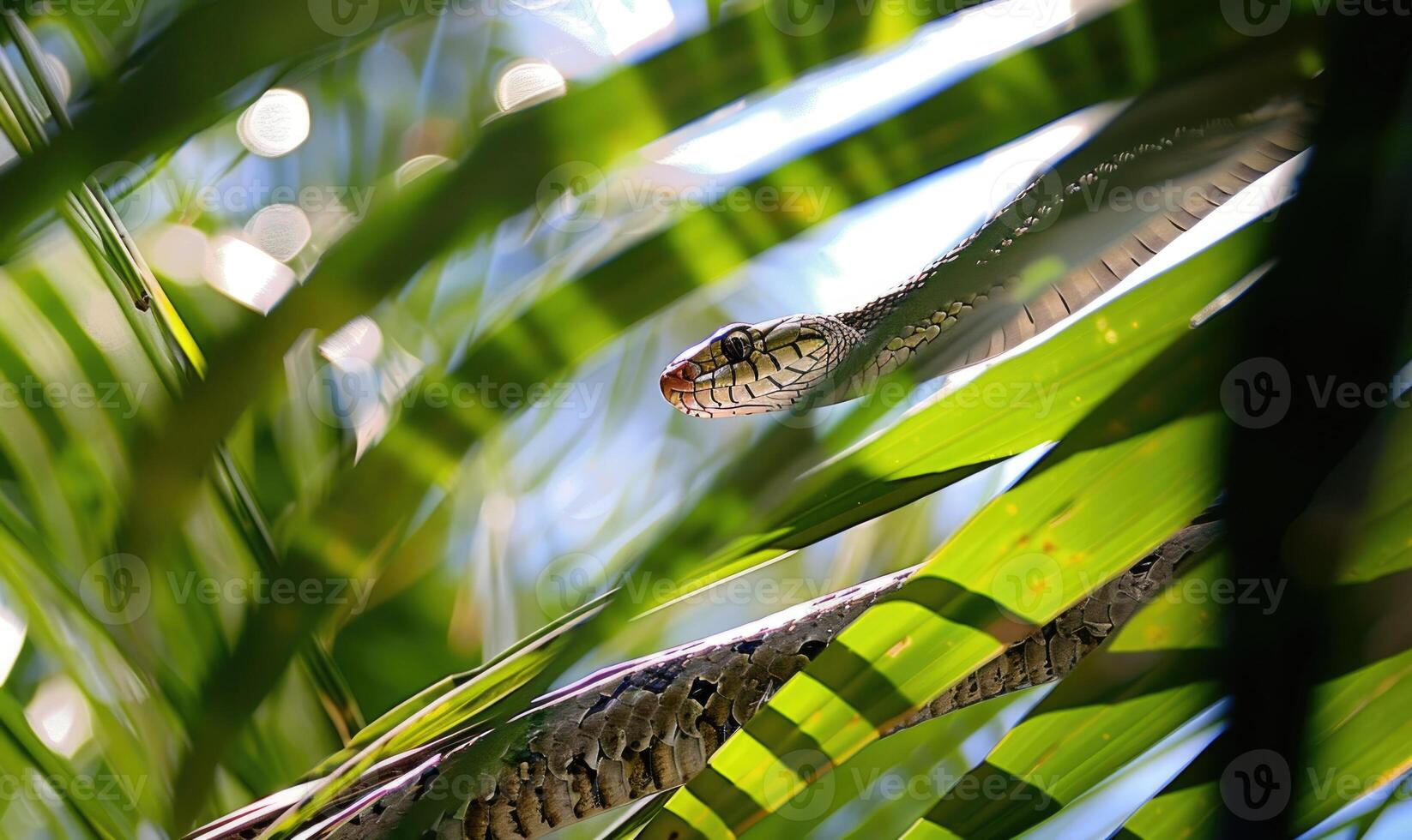Rat snake on palm leaves photo