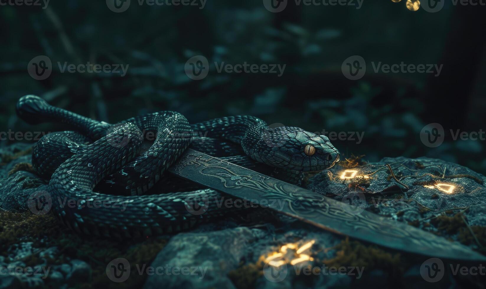 Snake entwined around sword photo