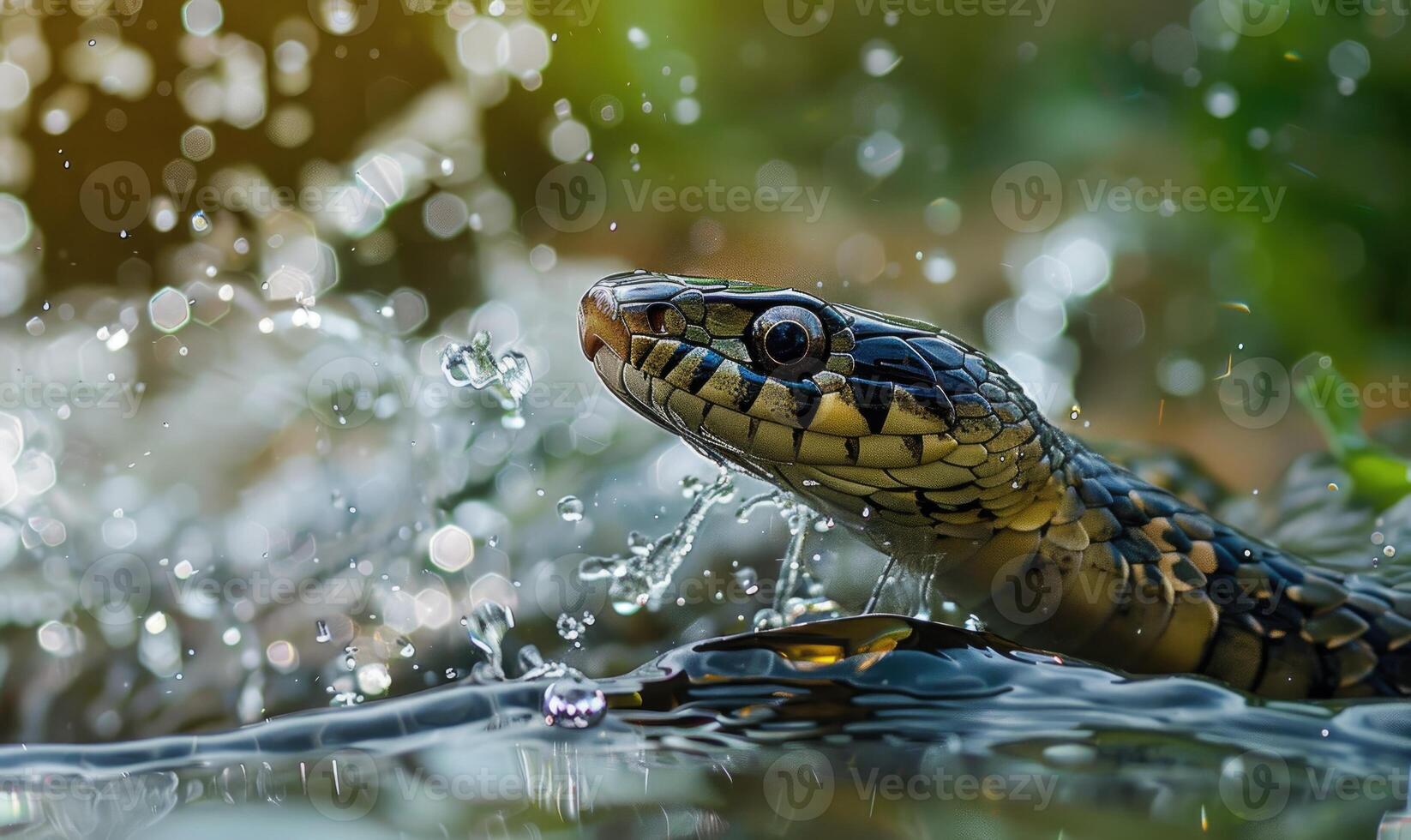 Snake diving into water, closeup view of snake in water with water splashes photo