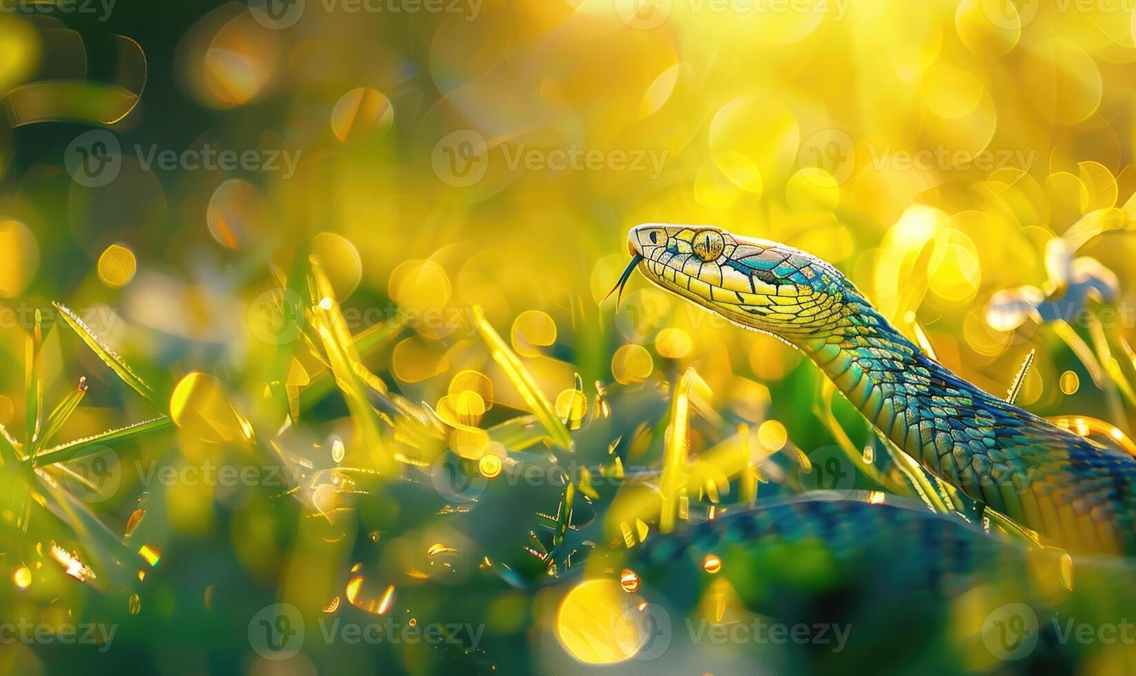 Snake in sunlit grass closeup view photo