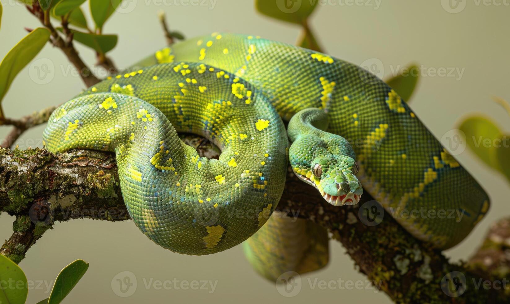 Green tree python on neutral background photo