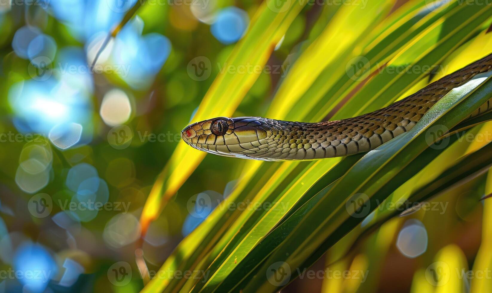 Rat snake on palm leaves photo