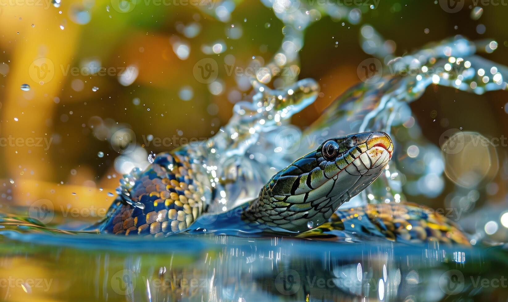 Snake diving into water, closeup view of snake in water with water splashes photo
