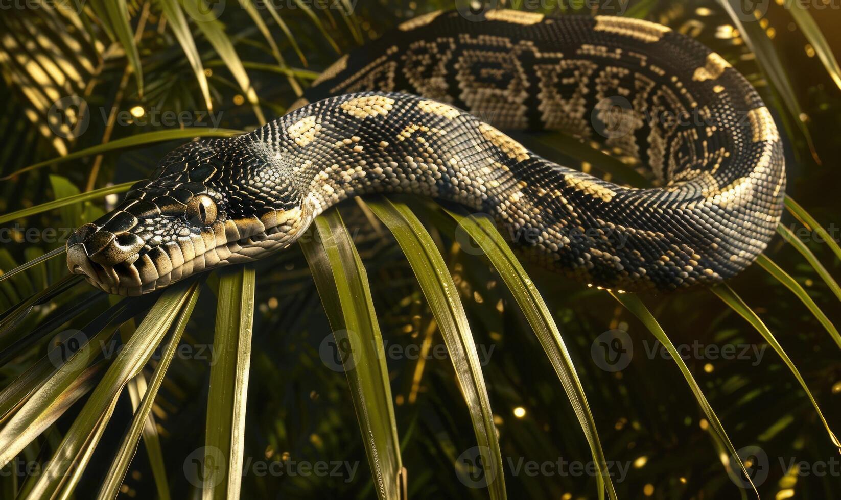 Black-headed python on palm fronds photo