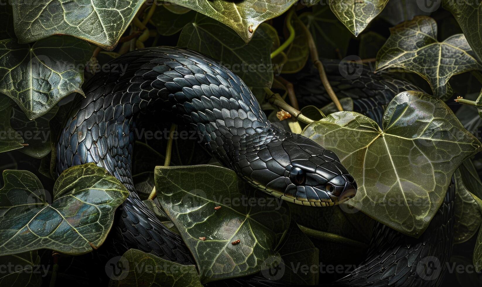 Black mamba on ivy leaves photo