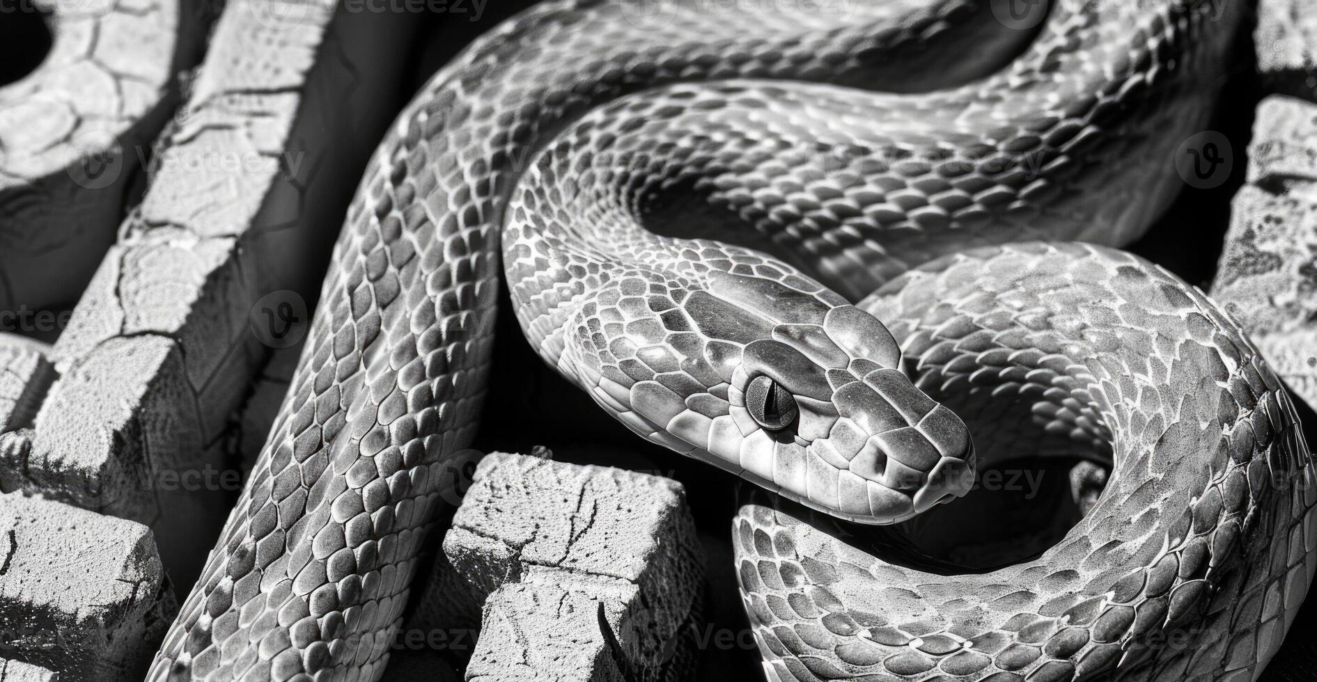 Snake in a geometric maze, monochrome portrait of the snake photo
