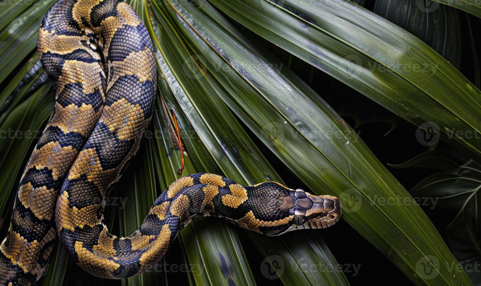 Boa constrictor on palm leaves photo