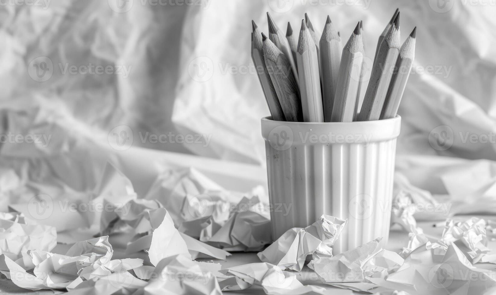 Graphite pencils arranged in a cup on a desk, surrounded by crumpled sheets of discarded white paper photo