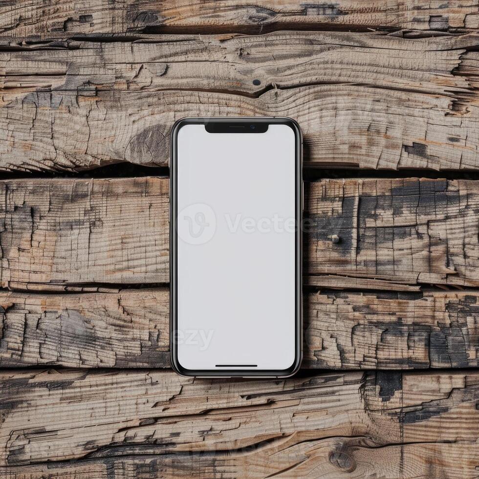 Smartphone mockup with a blank screen on a rustic wooden table background photo