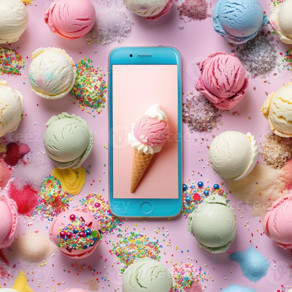 Different Ice cream scoop pattern with pastel hues and scattered toppings in a flat lay composition photo