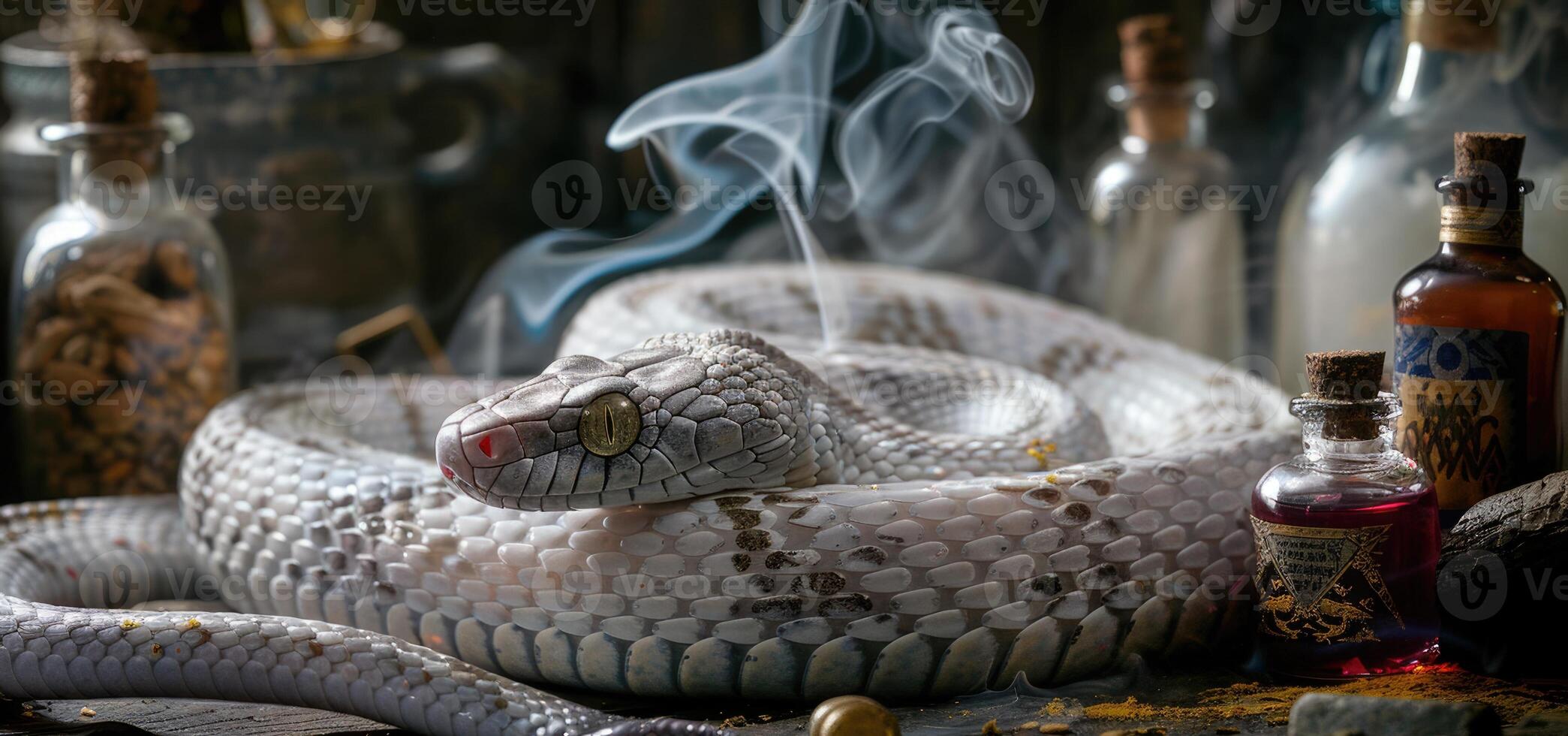 White snake with a wizards hat and potion bottles photo
