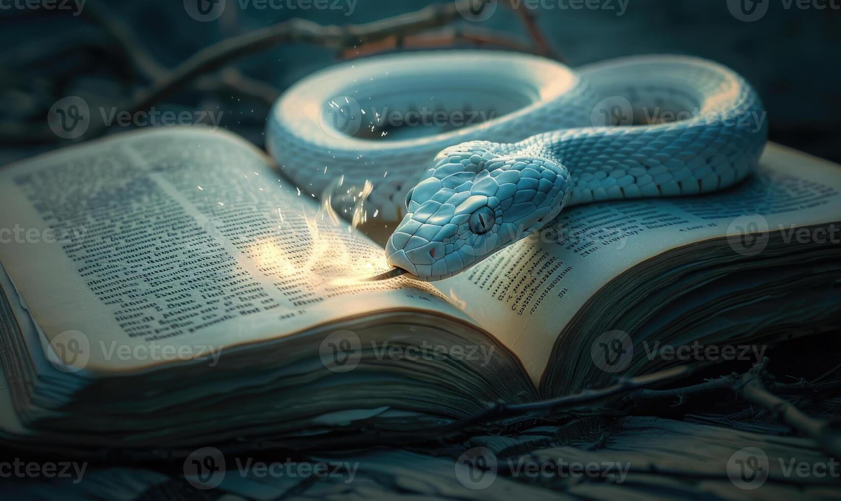 White snake near an open book of spells photo