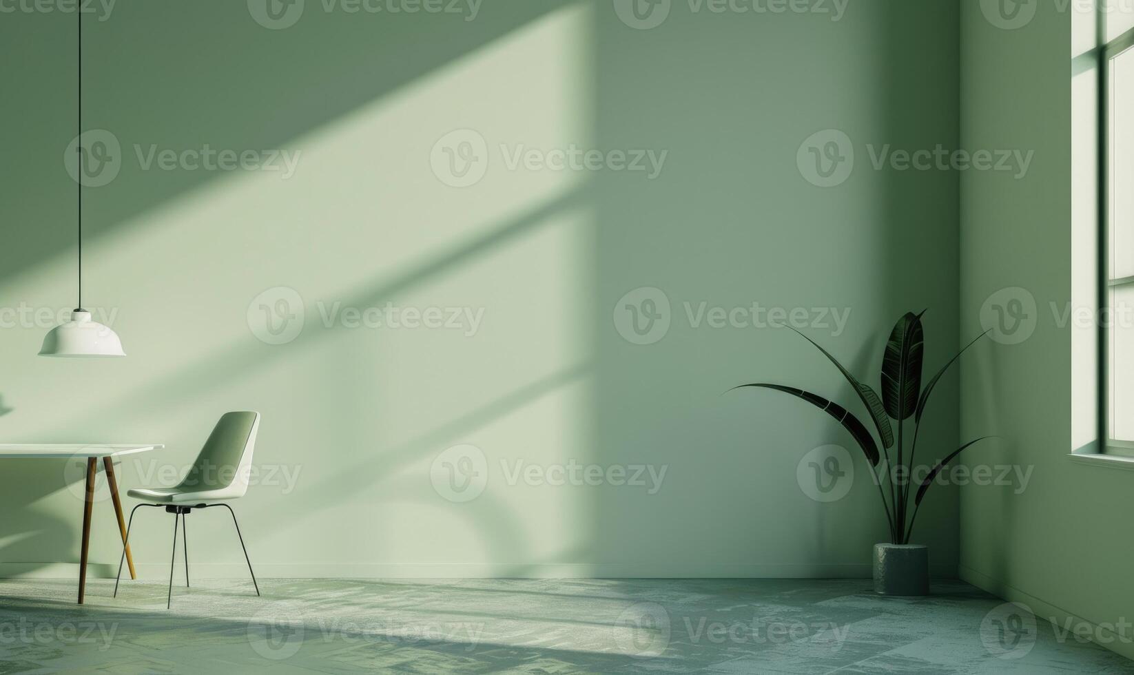 A spacious minimalistic modern interior with light sage green walls photo