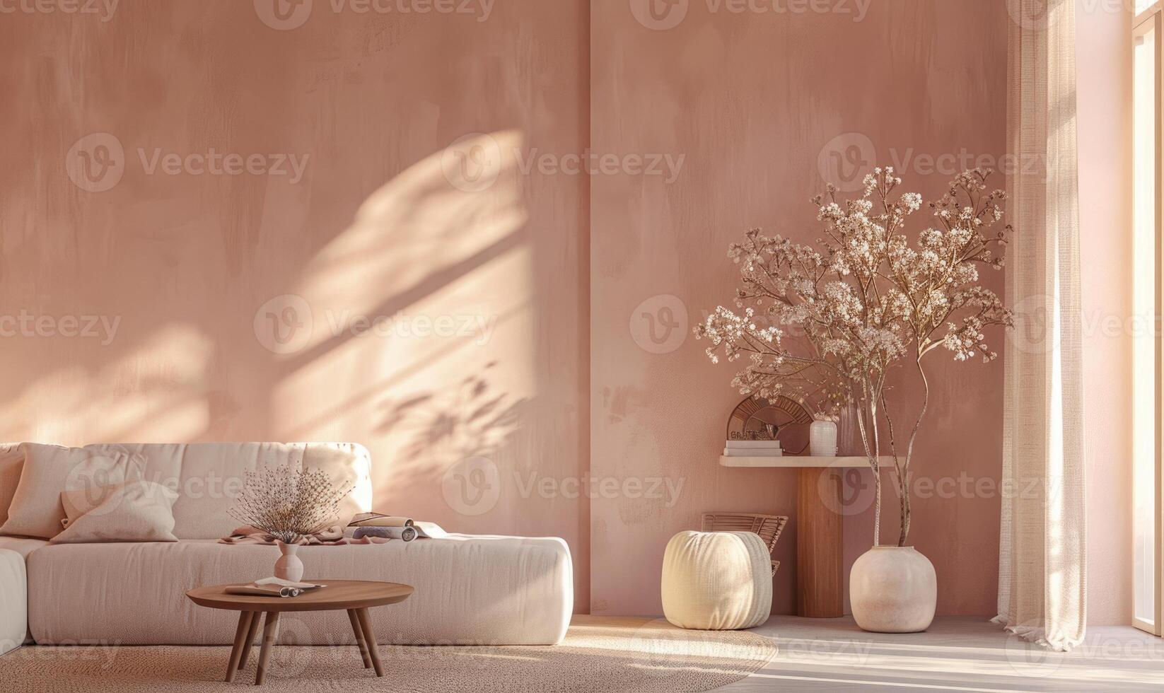A cozy minimalistic modern interior room with soft pink walls photo